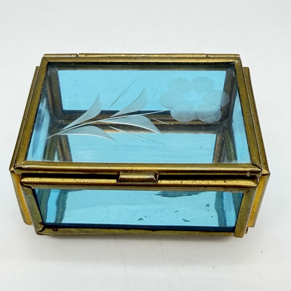 Vintage Via Vermont Brass And Etched Blue Glass Mini Trinket Box